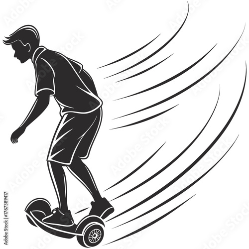 Silhouette of a man riding a hoverboard on a white background with motion lines indicating movement
