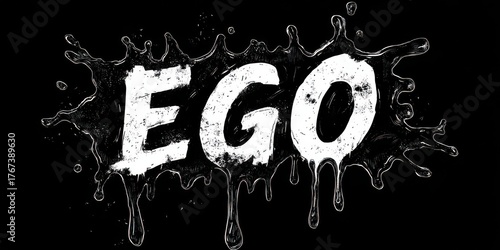 A High Resolution image of word ego written in white with a water splash effect on black background.
