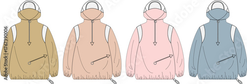 Detailed fashion flat sketch of a contemporary hooded anorak jacket, designed with a practical half-zip and utility front pocket, offered in a palette of modern colors for apparel concept development