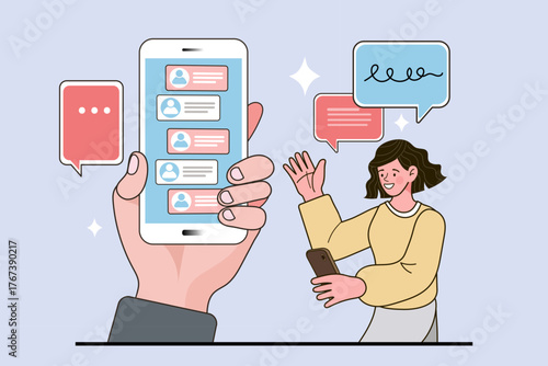 A happy woman uses her phone for online chat, connecting with friends. A large hand holds a smartphone showing a messaging app interface with multiple contacts and speech bubbles.