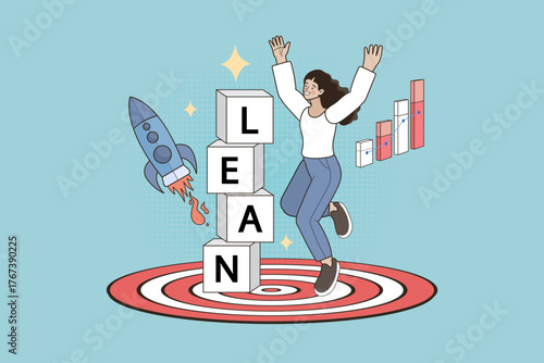 Lean startup methodology concept. A happy woman celebrates achieving growth targets efficiently. Blocks spell LEAN on a bullseye, with a rocket launching and a graph showing progress.