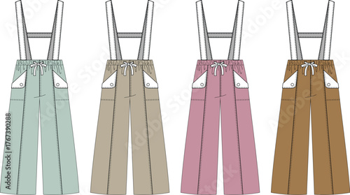 Set of four colorful wide-leg suspender pants for a versatile fashion collection. Technical flat sketch illustration for apparel design and clothing mockups