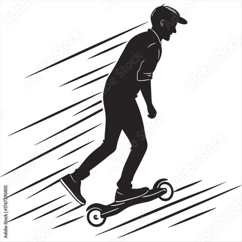 Silhouette of a man riding a hoverboard on a white background with motion lines indicating movement