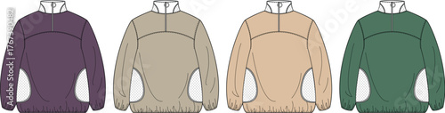 Versatile quarter-zip pullover sweatshirt vector fashion flats in multiple colors, ideal as apparel design templates for activewear and casual lifestyle mockups