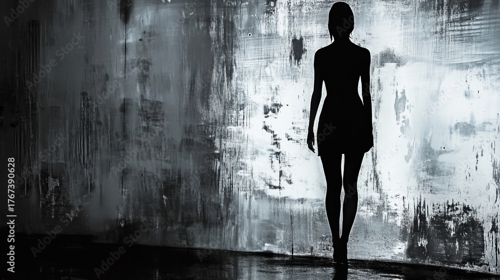 Fototapeta premium Abstract single person silhouette in black and white noir street scene watercolor charcoal light shadows negative space copy space mental health illness depression out of darkness loneliness confusion