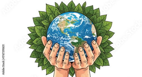 Protecting our planet with care as hands cradle Earth globe surrounded by vibrant green leaves illustrating environmental stewardship and global unity