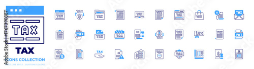 Tax icon collection. Bold line style. Duotone colors. refund, vat, tax, bill, calendar, website, taxes, tax office, folder, shield