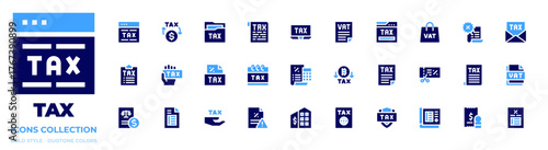 Tax icon collection. Bold style. Duotone colors. refund, vat, tax, bill, calendar, website, taxes, tax office, folder, shield