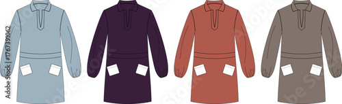 A collection of colorful long-sleeved tunic shirts with pockets, presented as a fashion design vector template set