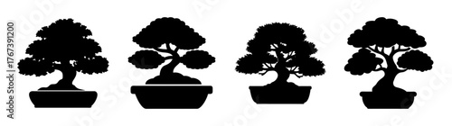 Four distinct silhouettes of traditional bonsai trees in pots offering a minimalist decorative element