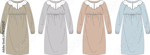 Set of women's long-sleeved nightgowns with a ruffled collar in four colors. Classic vintage sleepwear fashion technical flat sketch vector illustration