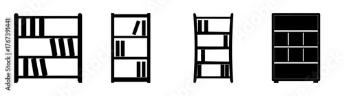 Collection of four stylized bookshelf icons representing storage organization and furniture design