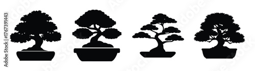 Four stylized silhouette bonsai tree designs in pots for artistic and natural decor