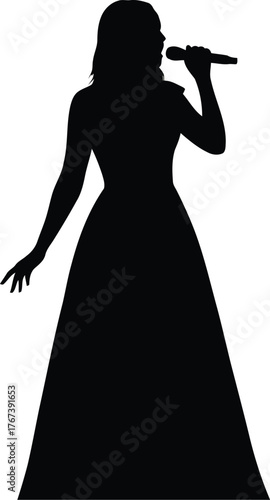 Elegant female singer silhouette performing live concert elegant dress microphone vector