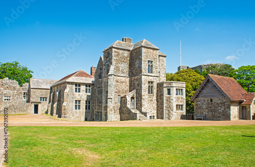 View of the great hall building within grounds of old medieval anglo-saxon castle ruins showing architecture and design