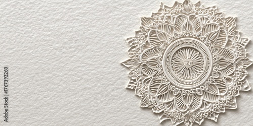 White mandala lace design on soft beige textured paper, realistic shadows, bohemian aesthetic.