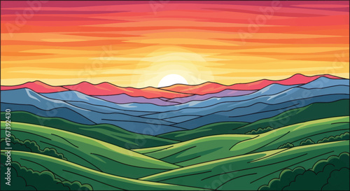 Vibrant rolling green hills meet layered blue mountains under a stunning gradient sunset sky.