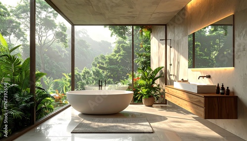 Luxurious bathroom with a tub overlooking a lush, green forest through large windows. Bright, serene, natural light