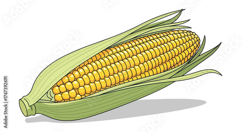 Vibrant, ripe ear of fresh corn with green husks, perfect for healthy eating and farm-to-table concepts.