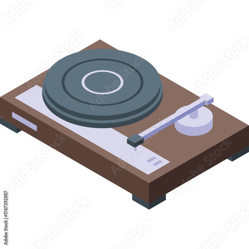 Murais de parede Retro brown turntable with a grey disc and white tonearm on a transparent backgr