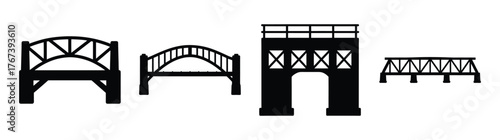 Collection of four distinct black silhouette bridge designs featuring arch and truss construction styles