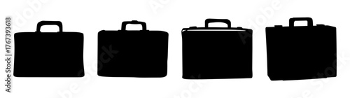 Collection of four identical black briefcases lined up showcasing professional business travel accessories