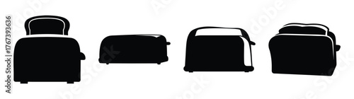 Collection of black silhouette bread toasters displayed in various angles for kitchen appliance design