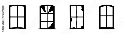 Set of four window outlines one damaged one with broken glass and one arched window frame