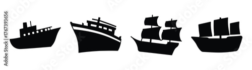 Collection of four stylized silhouette ships including sailboats and modern vessels artistic representation