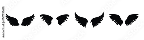 Four sets of black feathered wings in varied styles symbolizing freedom broken or angelic grace elements
