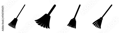 Four silhouettes of brooms showcasing different bristle styles and handle shapes for cleaning and decoration