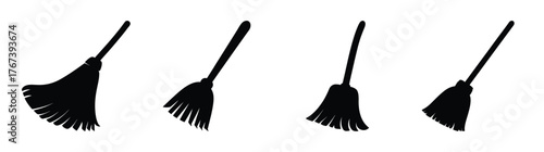Collection of four silhouette broom sweeping tools at varying angles for cleaning and household tasks