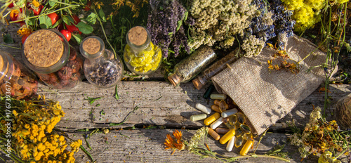 Foto medicinal herbs and supplements. Selective focus.