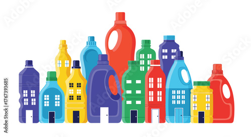 Colorful detergent bottles arranged in a row, resembling buildings.