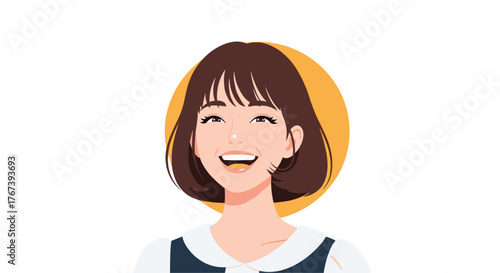 Happy woman with short brown hair smiling widely.