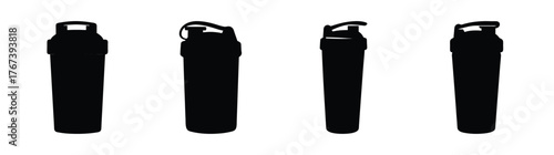 Set of four black blender bottles showing different lid designs and side profiles for fitness enthusiasts
