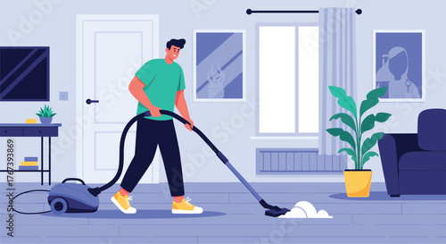 Man vacuuming the floor in a clean and tidy living room.