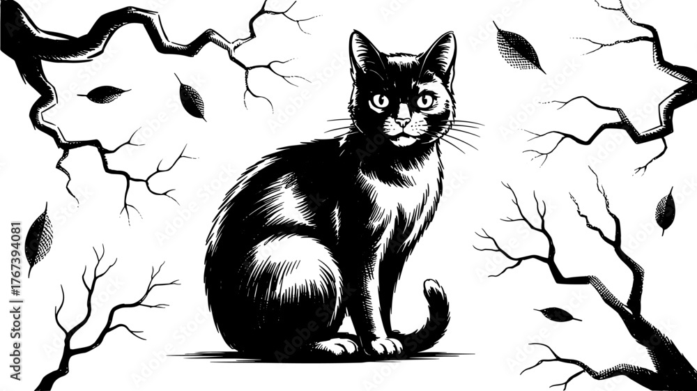 Obraz premium a black cat sitting among tree branches and scattered leaves, featuring elegant composition and detailed texture.