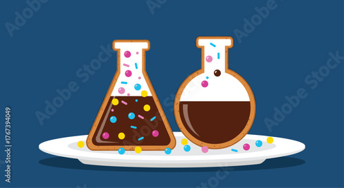 Laboratory flask cookies on a plate, delicious dessert.