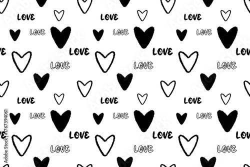 Monochrome black hearts word love Seamless pattern Isolated transparent background Valentine's Day textiles fabric wallpaper wrapping paper wallpaper polygraphy Repeating design Fabric print design