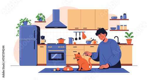 Man feeding cat in kitchen, domestic life, pet care, indoor scene.