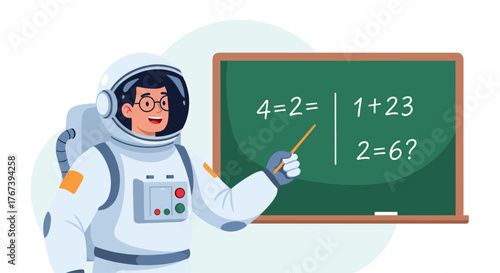 Astronaut Teacher Explaining Math Problem on Blackboard.