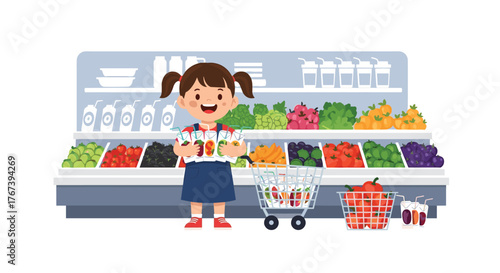 Happy girl shopping for fresh fruits and vegetables in a supermarket.