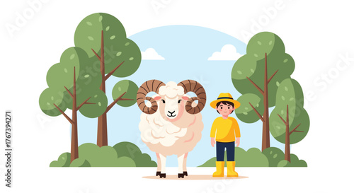 Ram and Farmer Standing Together in a Field.