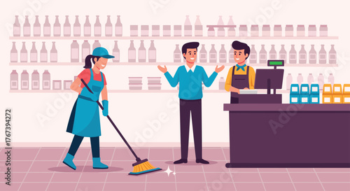 Grocery store scene with employees and customer interaction.