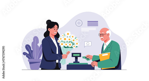 Woman buying flowers from a florist shop, paying with card.