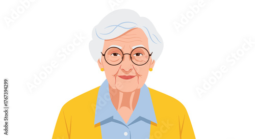 Elderly woman with glasses smiling at the camera.