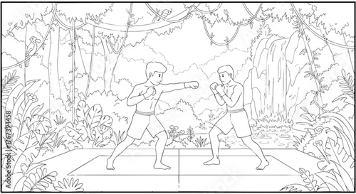 Dynamic Martial Arts Sparring in Jungle Line Art Illustration of Two Male Fighters Training, Showcasing Strength, Discipline, and Athletic Prowess in a Tropical Environment