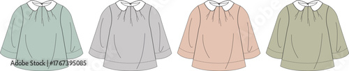 Four adorable pastel-colored long-sleeved tops, each with a delicate Peter Pan collar, displayed in a symmetrical arrangement