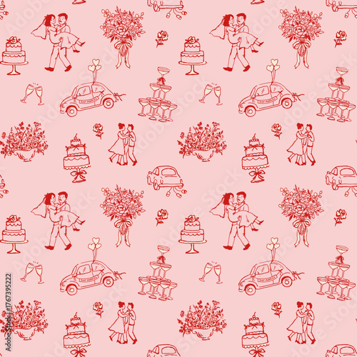 Vector seamless wedding pattern with bride and groom, cake, bouquet and romantic elements. Hand-drawn black and white illustration.